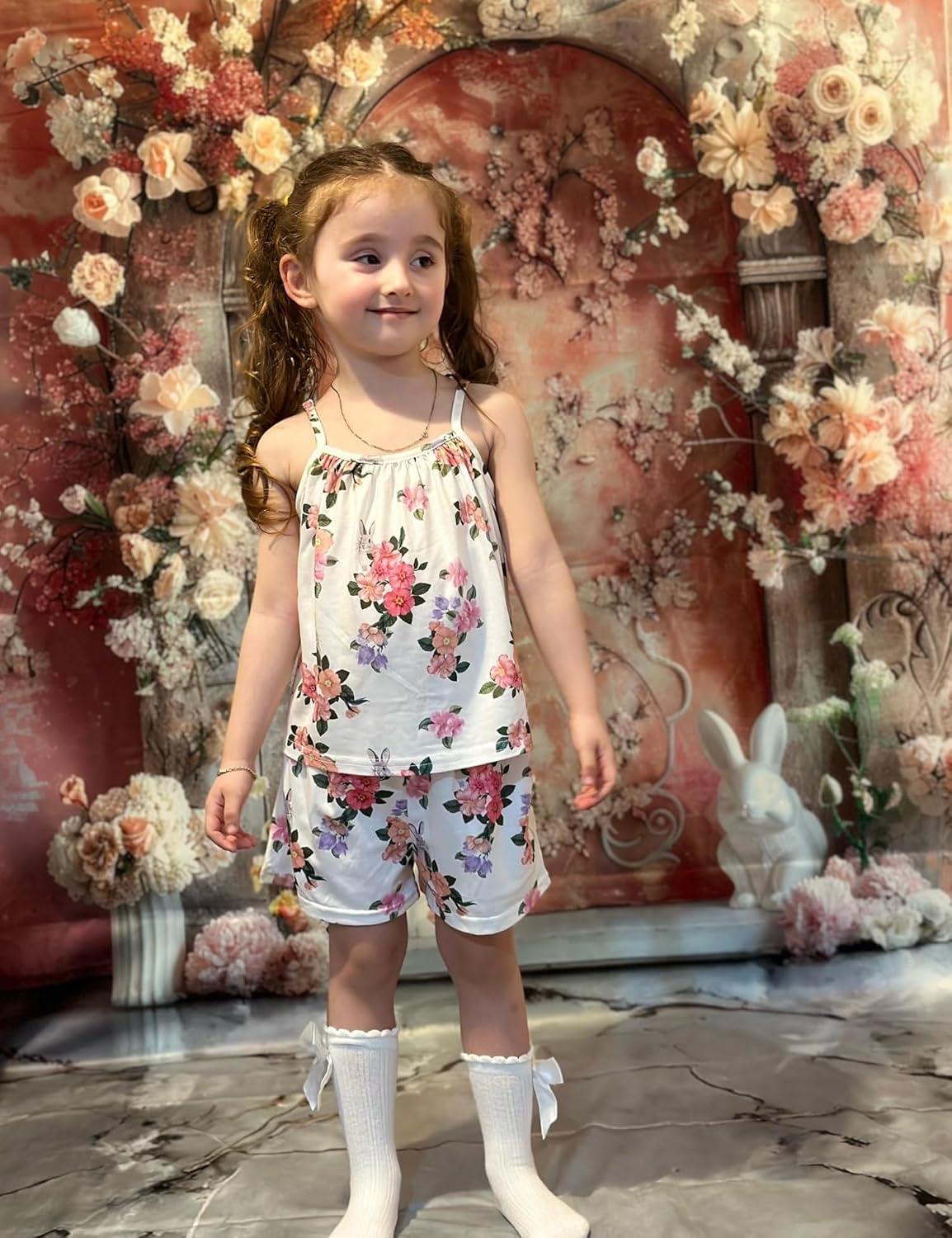 image:imageArshiner Toddler Girl Summer Clothes 2 Piece Loose Spaghetti Strap Tank Top and Short Set Kids Clothing Sets with PocketsPatten 01