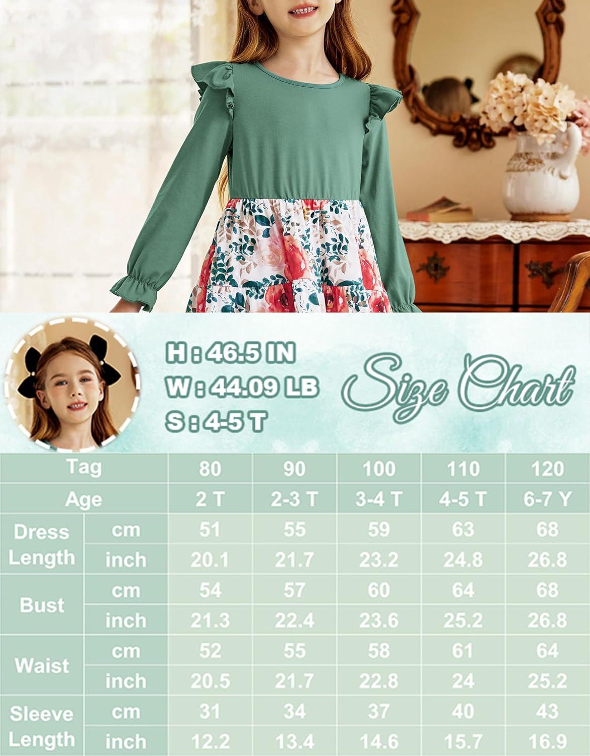 image:imageArshiner Toddler Girls Dress Ruffle Long Sleeve Casual Tiered Swing Dresses with PocketsGreen Flower 1