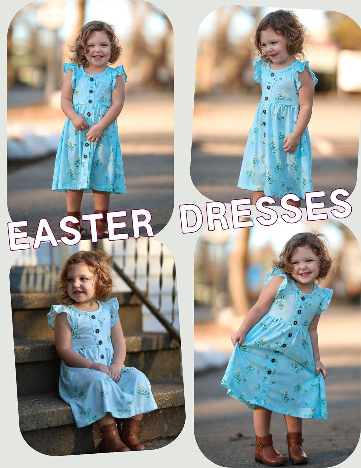 image:imageArshiner Toddler Girls Dresses Flutter Sleeve Decorative Button Down Aline SundressFloral Blue