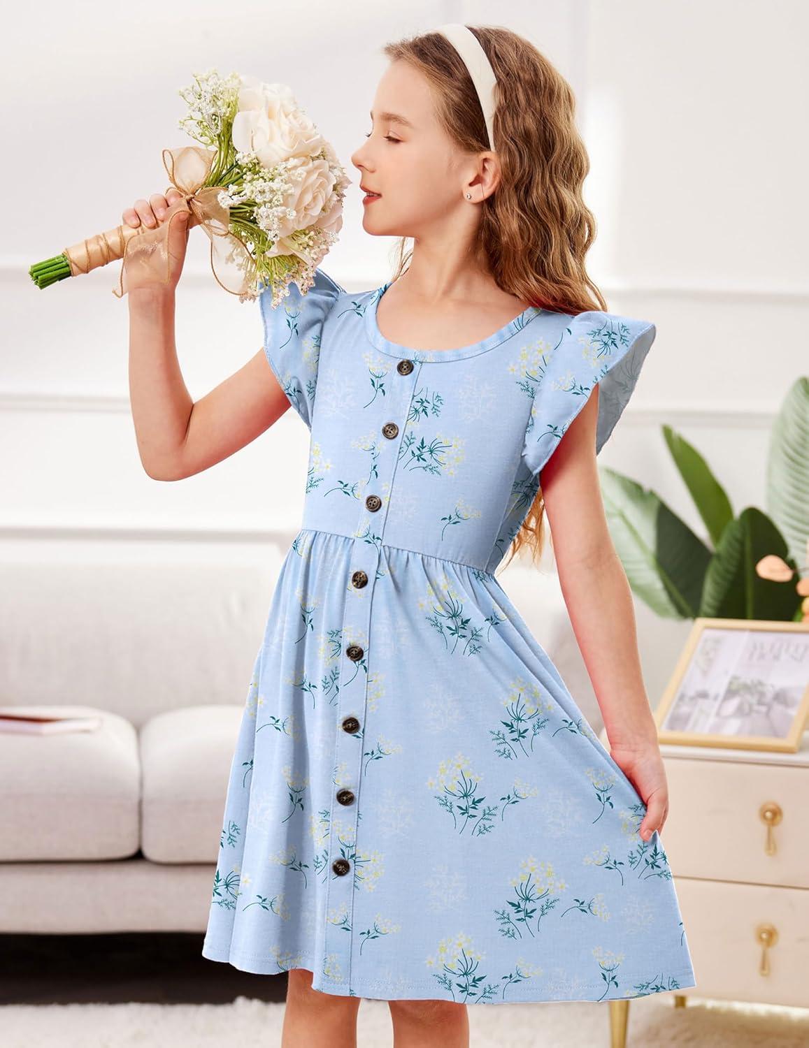 image:imageArshiner Toddler Girls Dresses Flutter Sleeve Decorative Button Down Aline SundressFloral Blue