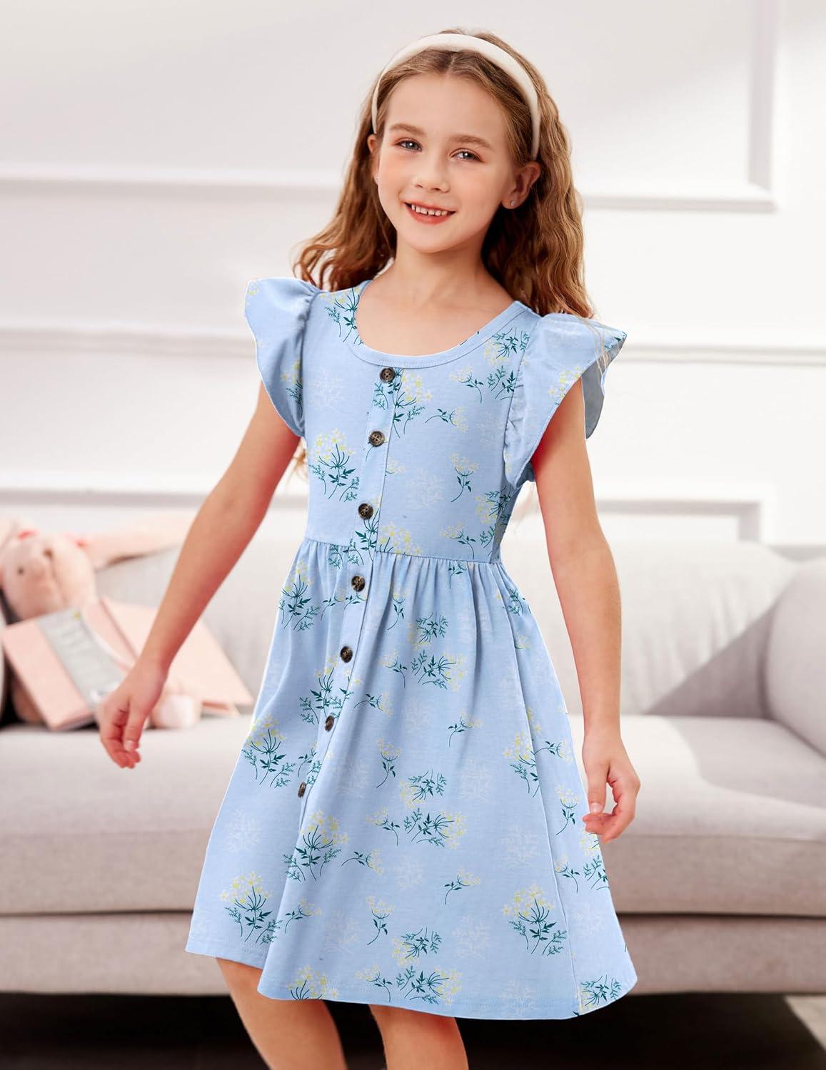 image:imageArshiner Toddler Girls Dresses Flutter Sleeve Decorative Button Down Aline SundressFloral Blue