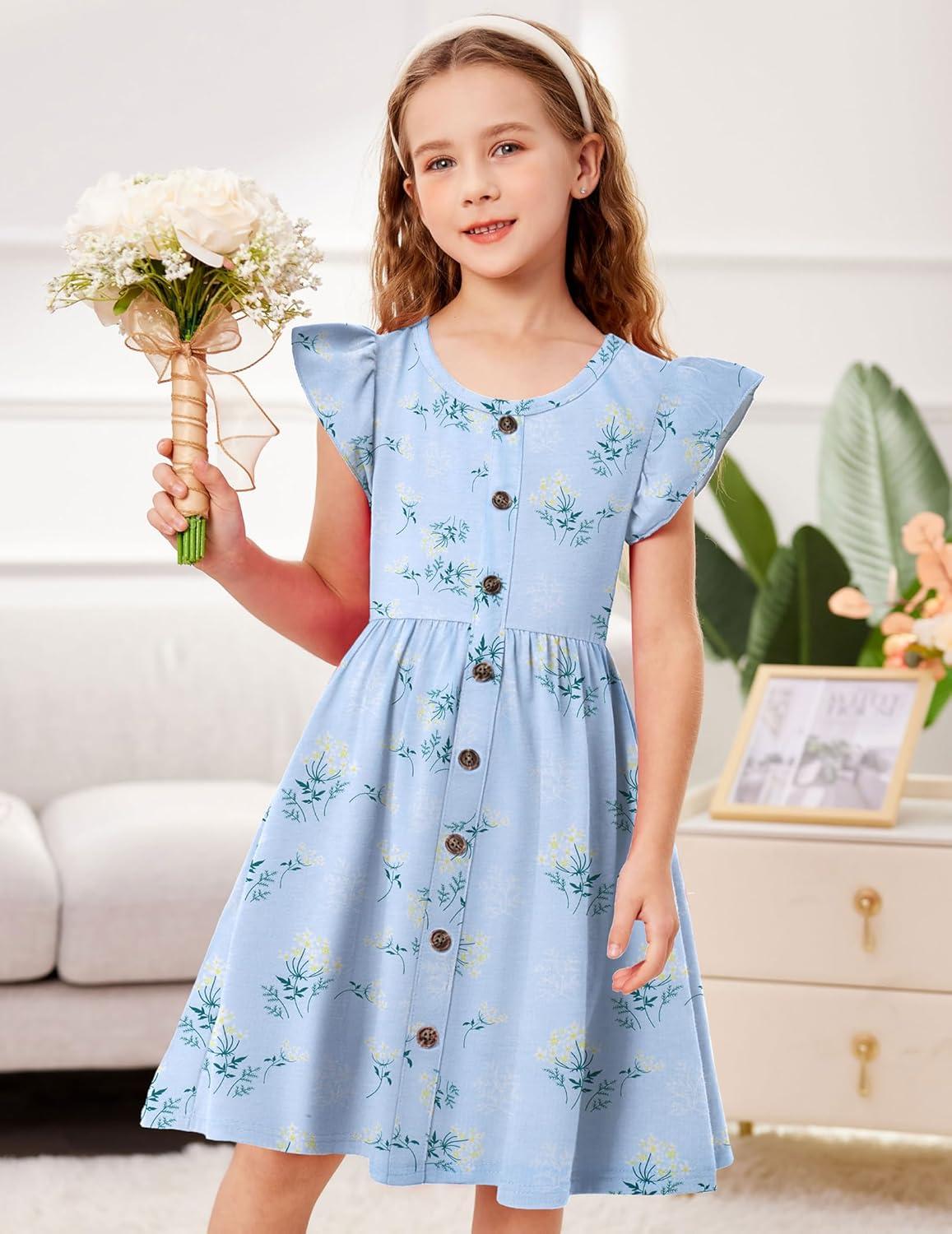 image:imageArshiner Toddler Girls Dresses Flutter Sleeve Decorative Button Down Aline SundressFloral Blue