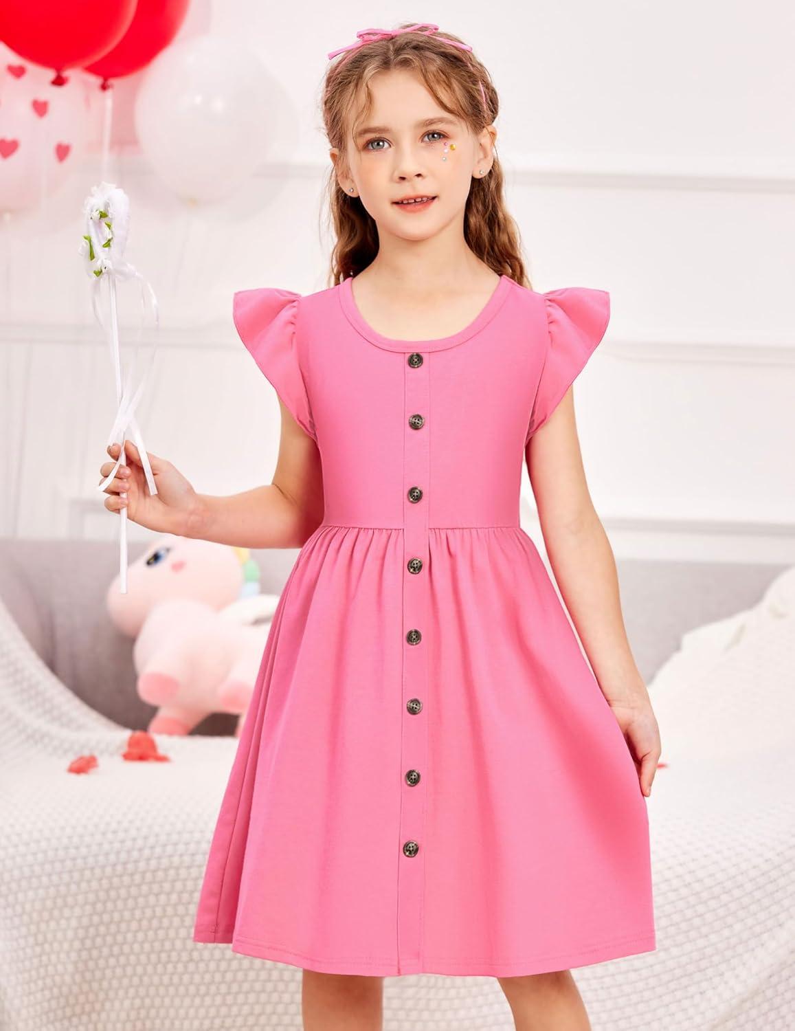 image:imageArshiner Toddler Girls Dresses Flutter Sleeve Decorative Button Down Aline SundressHot Pink