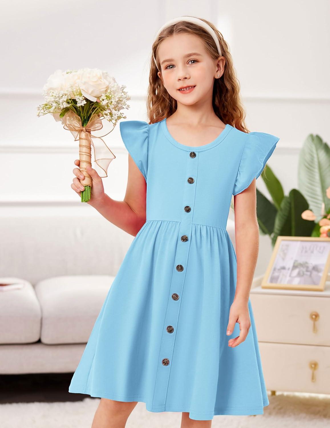 image:imageArshiner Toddler Girls Dresses Flutter Sleeve Decorative Button Down Aline SundressLight Blue