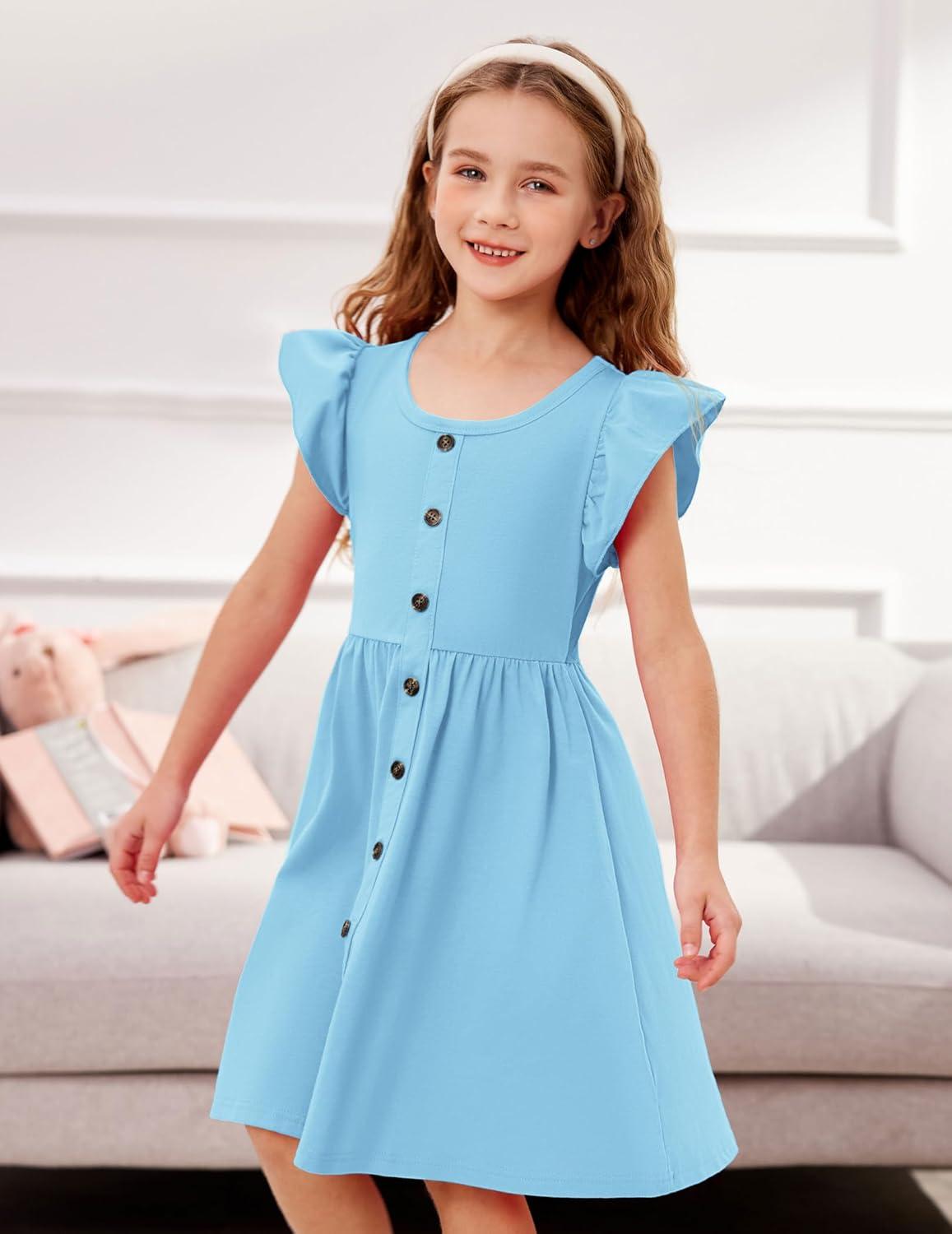 image:imageArshiner Toddler Girls Dresses Flutter Sleeve Decorative Button Down Aline SundressLight Blue