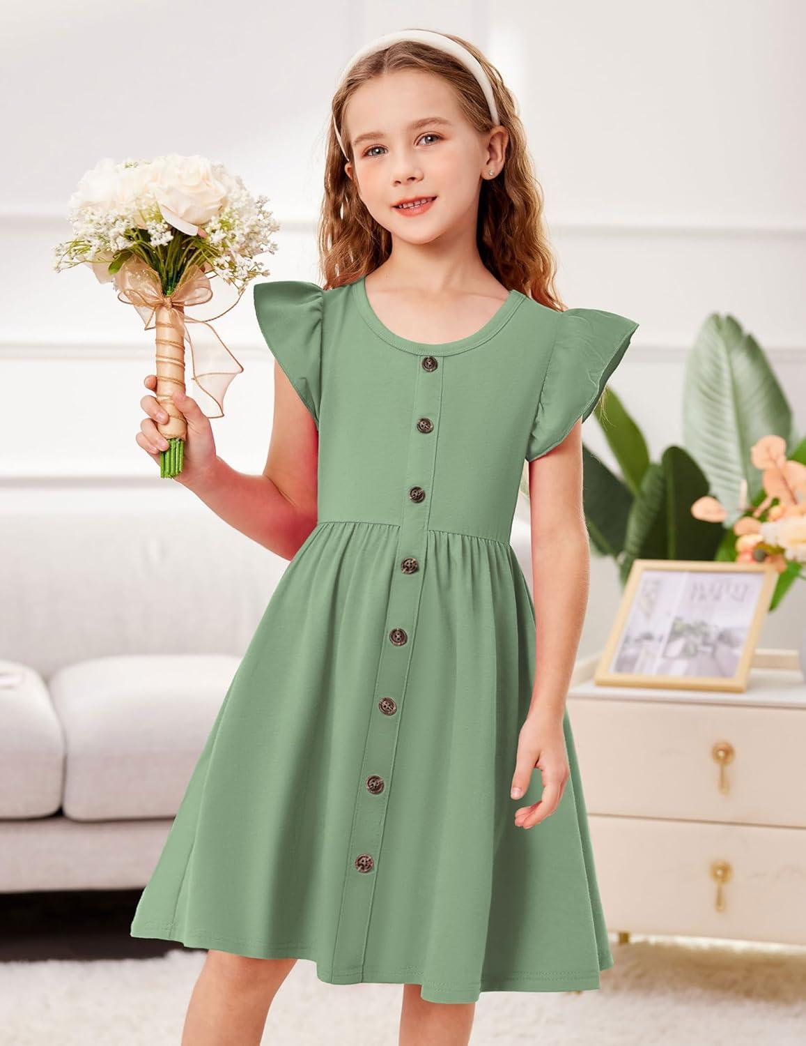 image:imageArshiner Toddler Girls Dresses Flutter Sleeve Decorative Button Down Aline SundressLight Green
