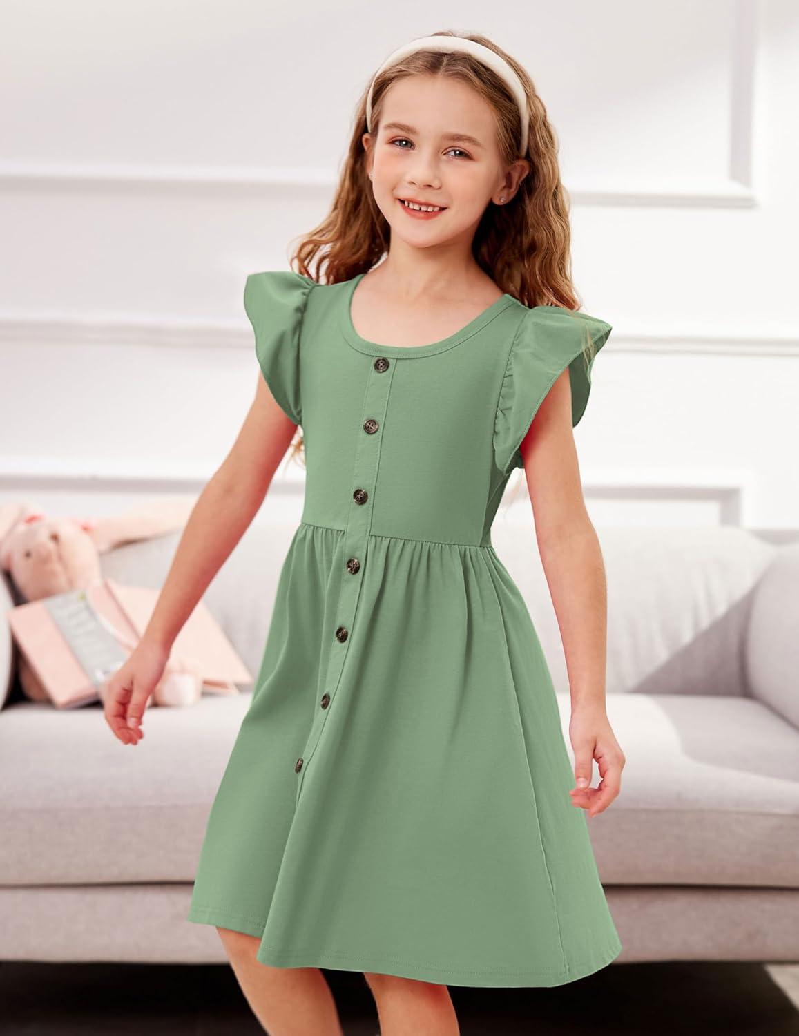 image:imageArshiner Toddler Girls Dresses Flutter Sleeve Decorative Button Down Aline SundressLight Green
