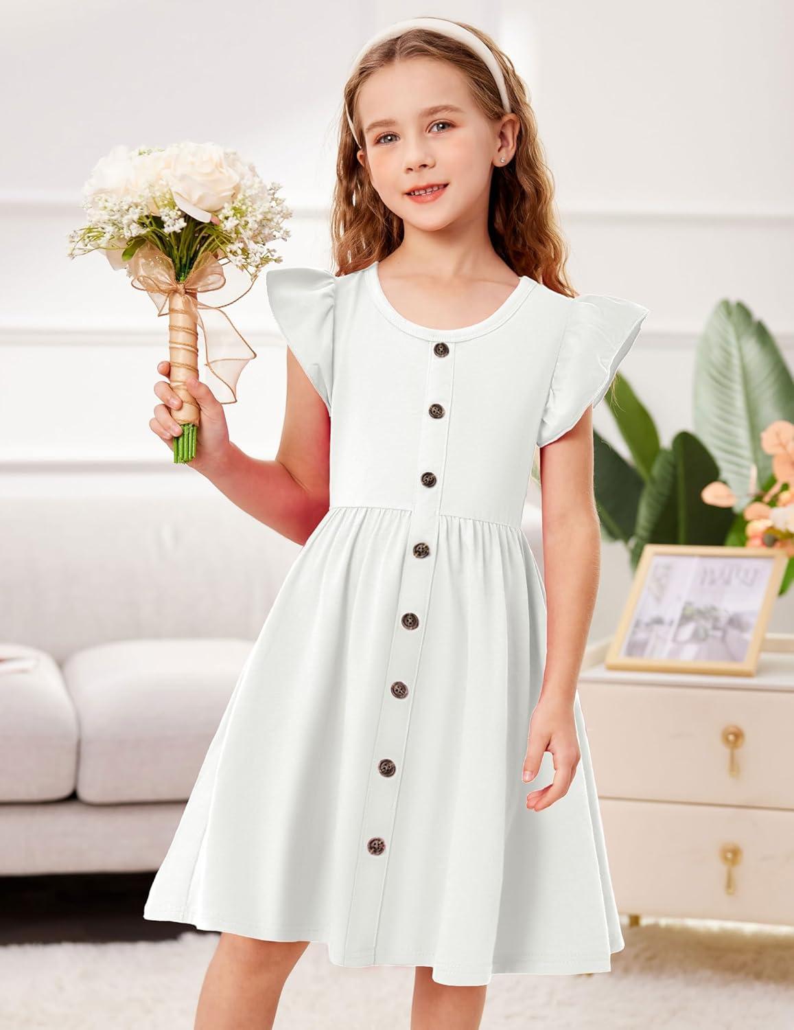 image:imageArshiner Toddler Girls Dresses Flutter Sleeve Decorative Button Down Aline SundressWhite