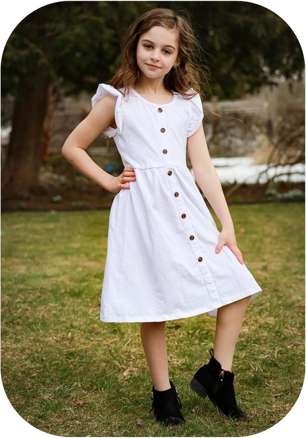 image:imageArshiner Toddler Girls Dresses Flutter Sleeve Decorative Button Down Aline SundressWhite