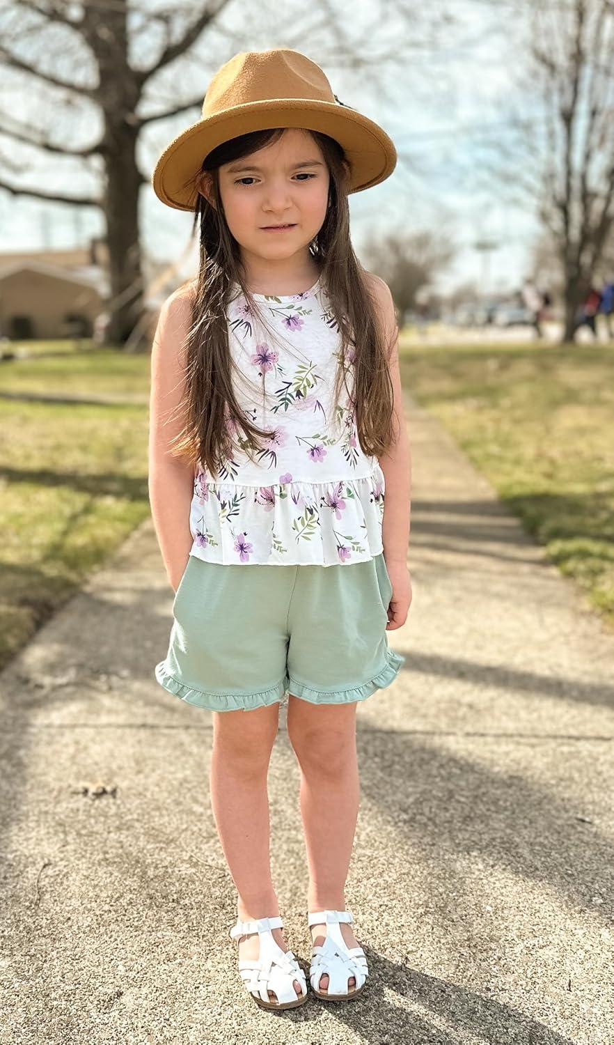 image:imageArshiner Toddler Girls Summer Outfit Sleeveless Ruffle Top and Elastic Shorts Set Kids Short Set for 28 YearsGreen Flower
