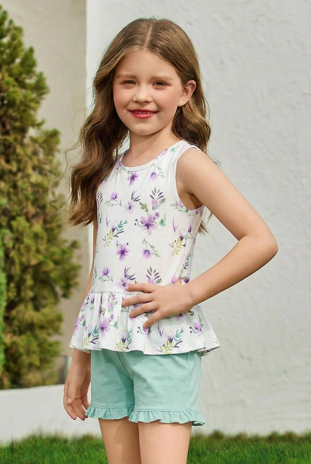 image:imageArshiner Toddler Girls Summer Outfit Sleeveless Ruffle Top and Elastic Shorts Set Kids Short Set for 28 YearsGreen Flower
