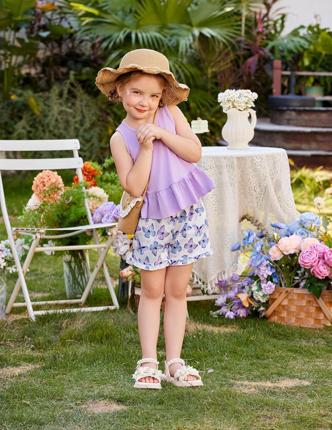 image:imageArshiner Toddler Girls Summer Outfit Sleeveless Ruffle Top and Elastic Shorts Set Kids Short Set for 28 YearsPurple Butterfly