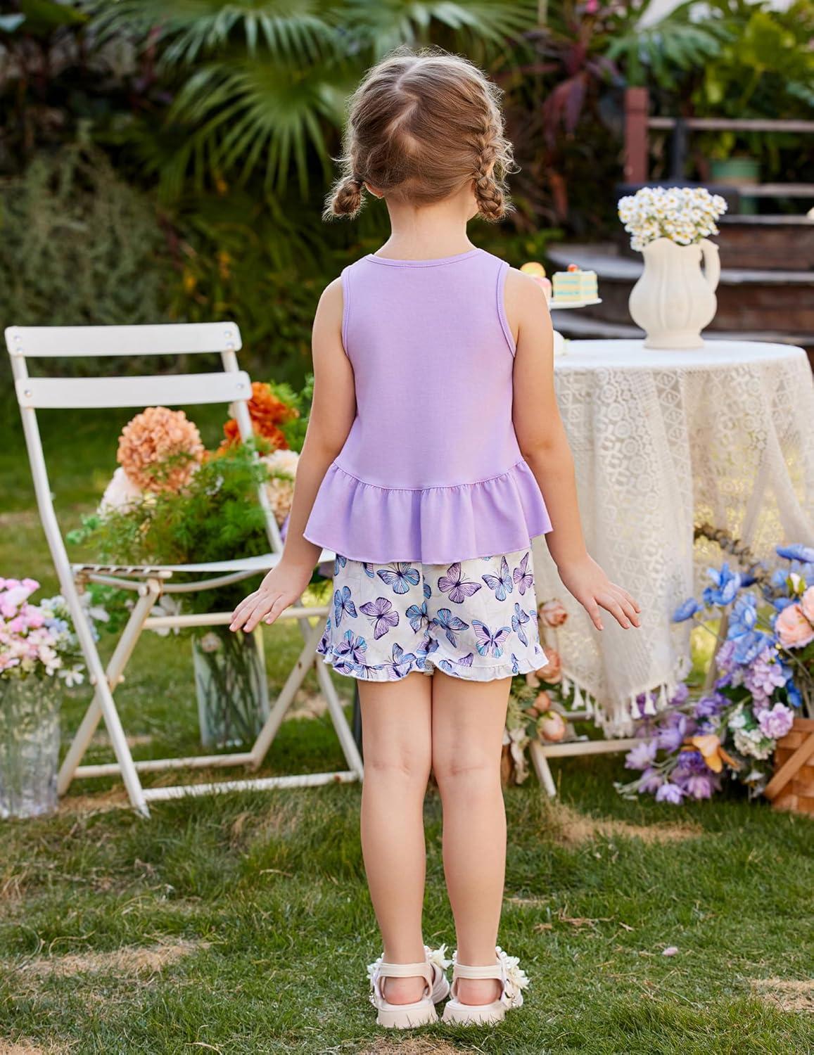 image:imageArshiner Toddler Girls Summer Outfit Sleeveless Ruffle Top and Elastic Shorts Set Kids Short Set for 28 YearsPurple Butterfly