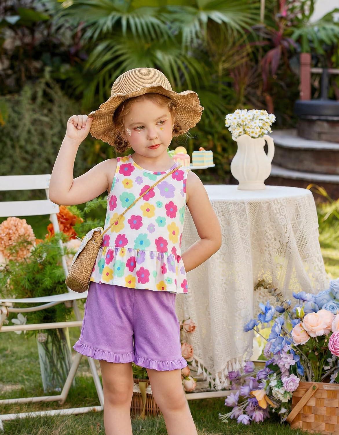 image:imageArshiner Toddler Girls Summer Outfit Sleeveless Ruffle Top and Elastic Shorts Set Kids Short Set for 28 YearsWhite Flower