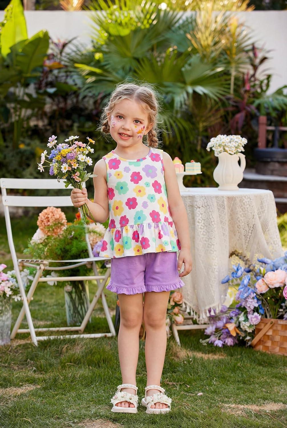 image:imageArshiner Toddler Girls Summer Outfit Sleeveless Ruffle Top and Elastic Shorts Set Kids Short Set for 28 YearsWhite Flower