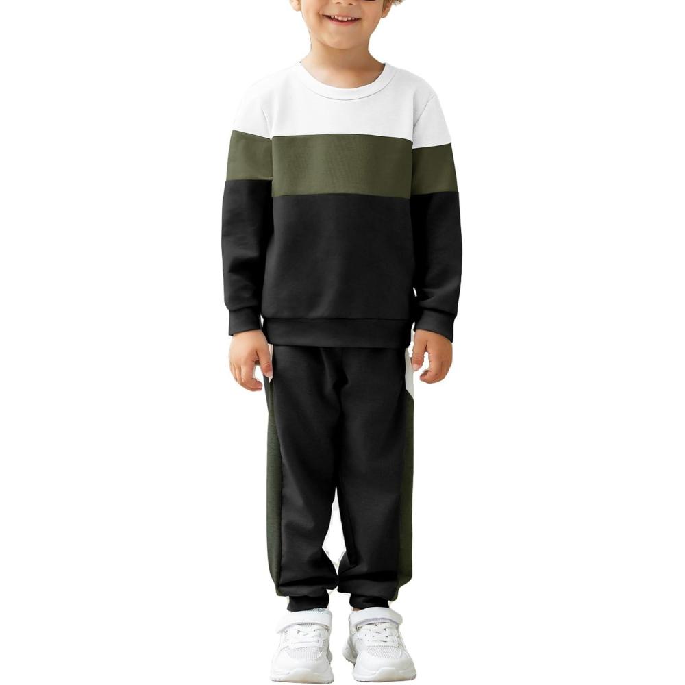 image:imageArshiner Boys Clothes Color Block Sweatshirt amp Casual Pants 2Pcs Fall Winter Outfits Set for Kids 212 YearsWhite Army Green