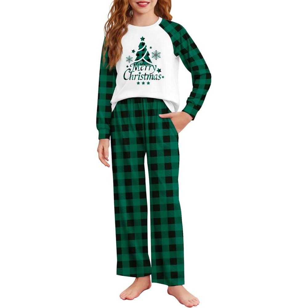 image:imageArshiner Girls Christmas Pajamas Holiday Pjs for Kids Santa Long Sleeve SleepwearGreen Plaid Christmas Tree
