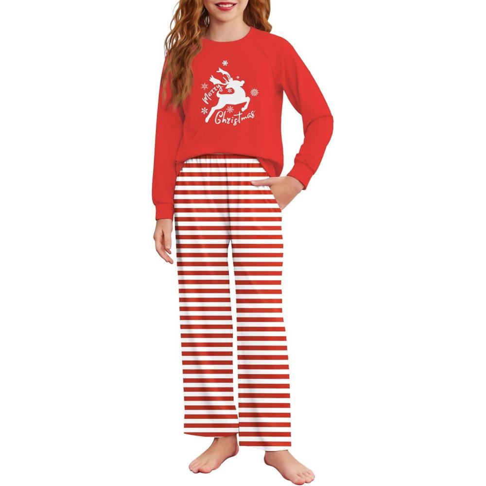image:imageArshiner Girls Christmas Pajamas Holiday Pjs for Kids Santa Long Sleeve SleepwearRed Deer Stripes
