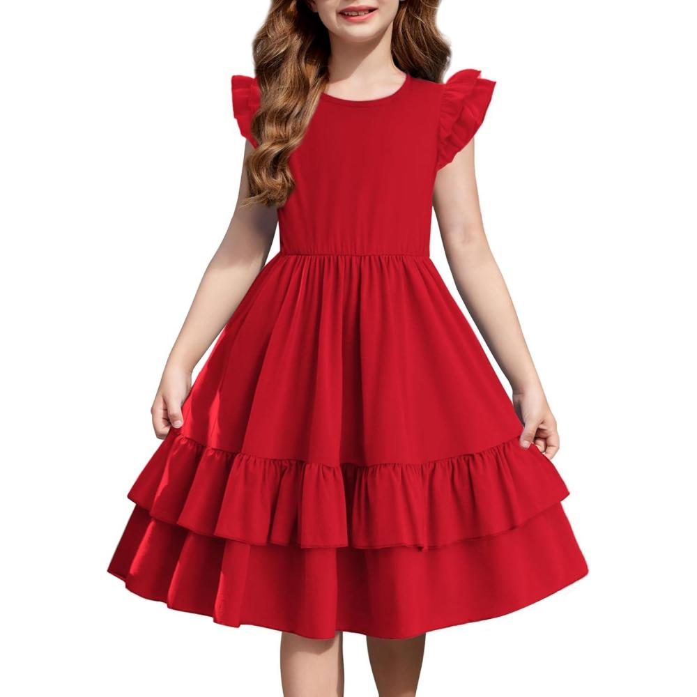 image:imageArshiner Girls Dress Tween Boho Flutter Sleeve Tiered A Line Summer Dresses with PocketsRed