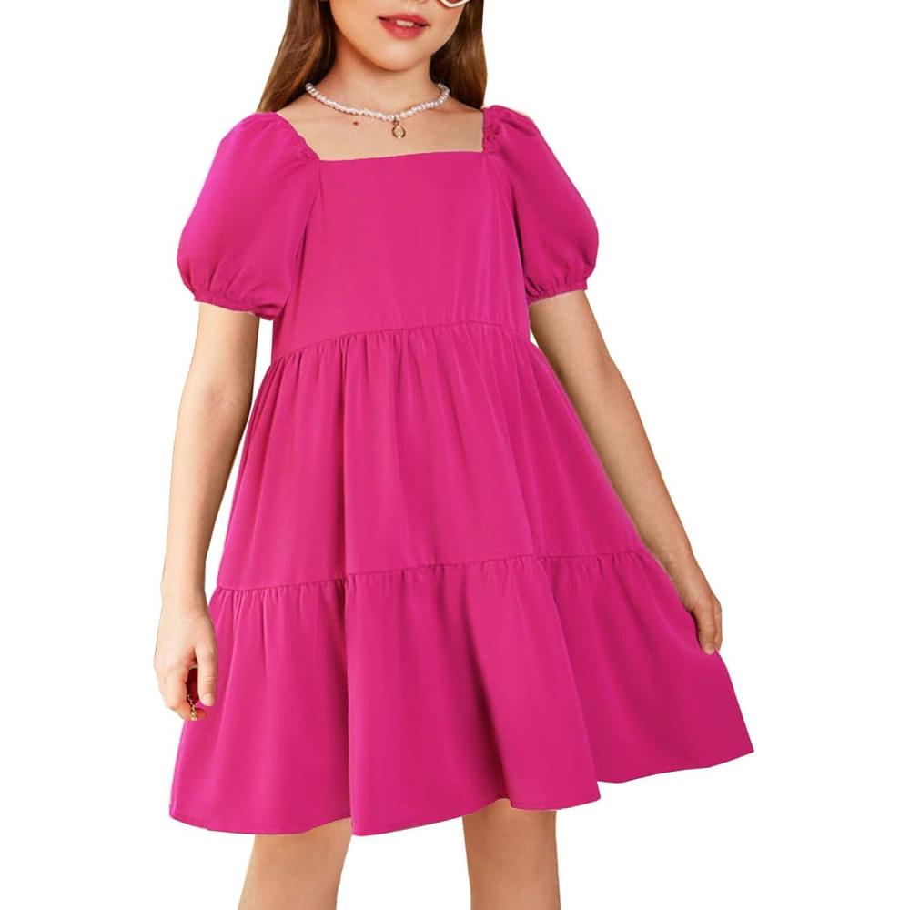 image:imageArshiner Girls Dresses Short Sleeve Ruffle Chiffon Summer Flowy Dress with Square NeckA Rose Red