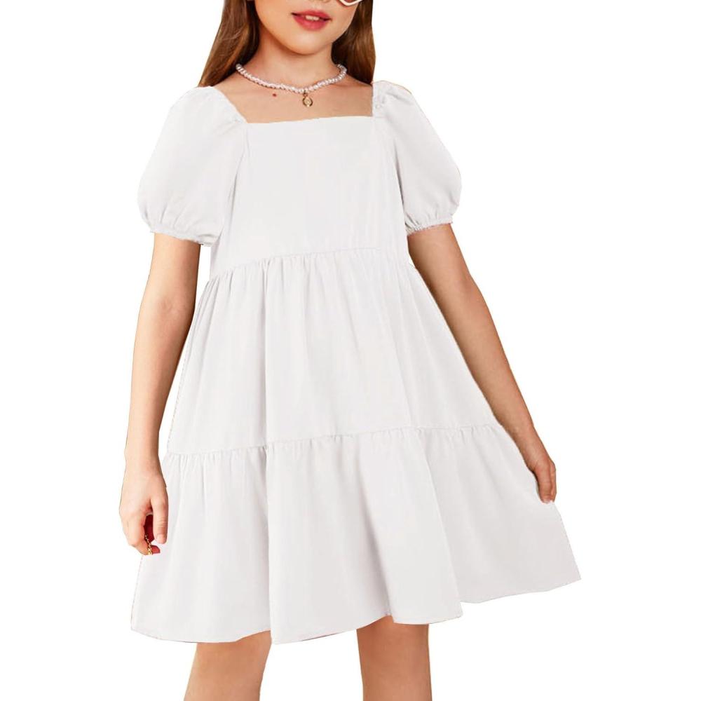image:imageArshiner Girls Dresses Short Sleeve Ruffle Chiffon Summer Flowy Dress with Square NeckA White