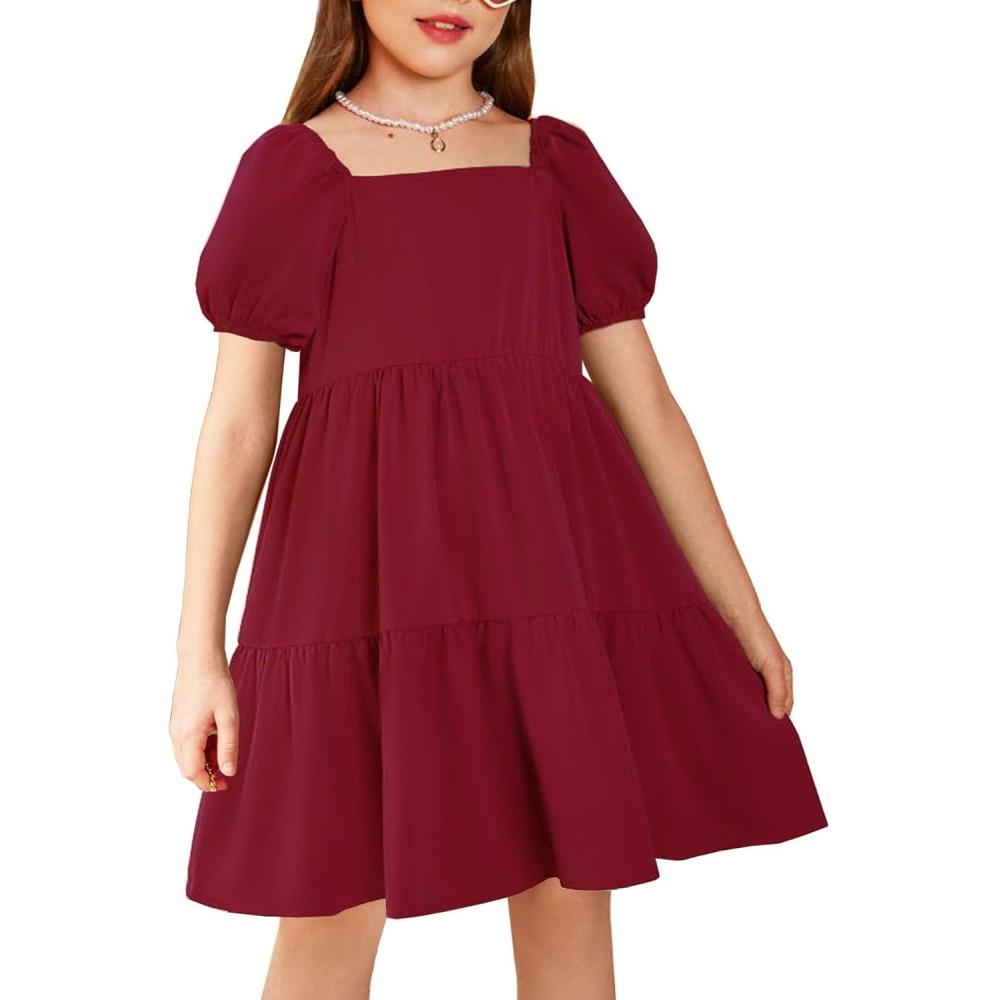 image:imageArshiner Girls Dresses Short Sleeve Ruffle Chiffon Summer Flowy Dress with Square NeckA Wine Red