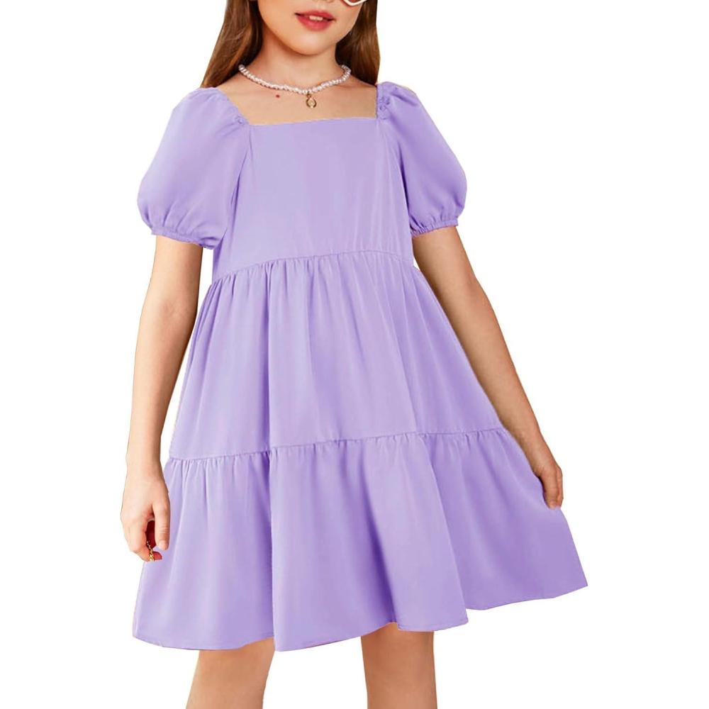 image:imageArshiner Girls Dresses Short Sleeve Ruffle Chiffon Summer Flowy Dress with Square NeckLilac