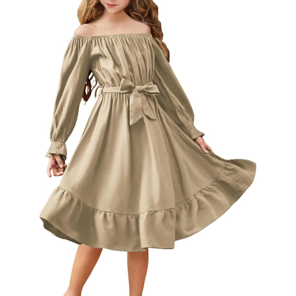 image:imageArshiner Girls Long Sleeve Dress Holiday Party Casual Ruffle Flowy Swing Midi Dresses 514 YearsKhaki
