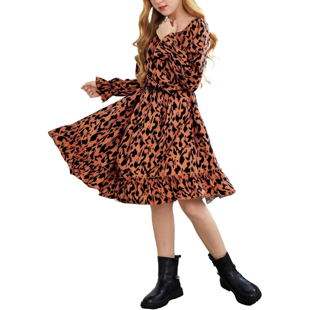 image:imageArshiner Girls Long Sleeve Dress Holiday Party Casual Ruffle Flowy Swing Midi Dresses 514 YearsOrange
