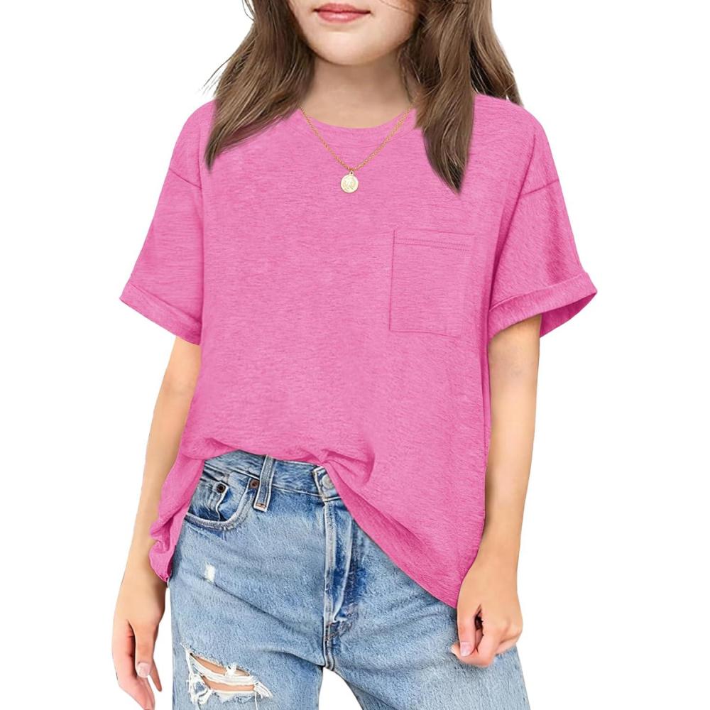 image:imageArshiner Girls Oversized T Shirts with Pocket Short Sleeve Basic Crewneck Summer Casual Loose Tops Clothes 512 YearsPeach Pink