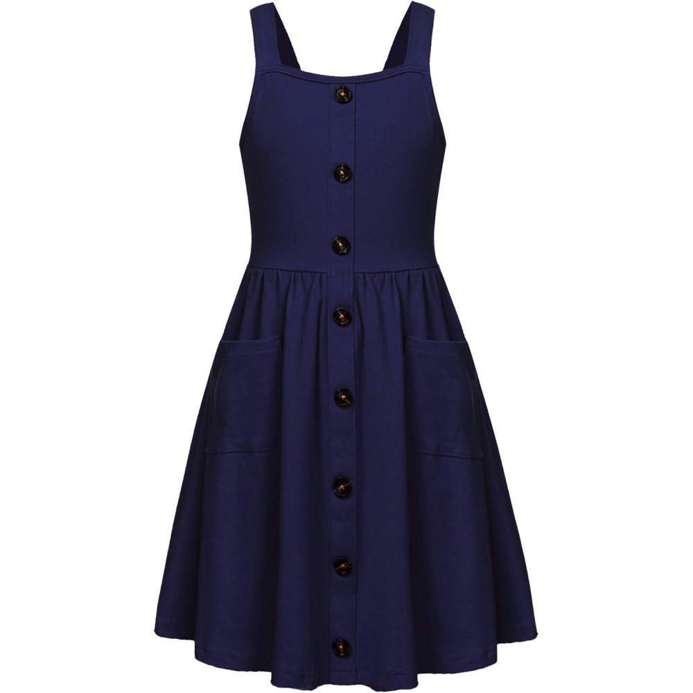 image:imageArshiner Girls Spaghetti Strap Button Down Midi Sleeveless Summer Casual Sundress Aline Dress with PocketsNavy Blue