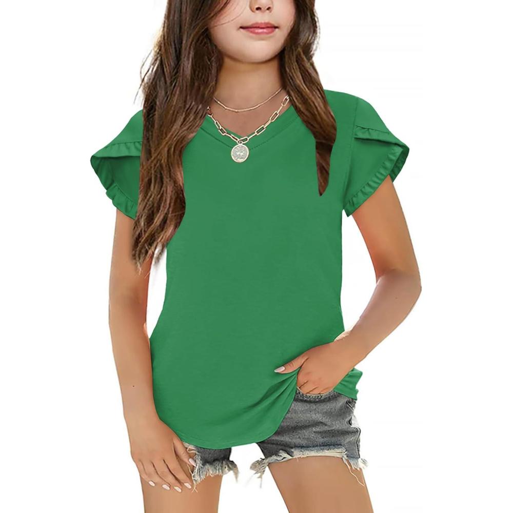 image:imageArshiner Girls T Shirts Double Layer Ruffle Short Sleeve Casual V Neck Kids Summer Tops Blouse TeeGreen