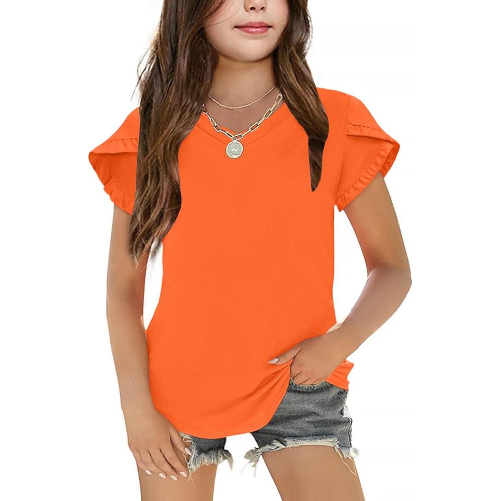 image:imageArshiner Girls T Shirts Double Layer Ruffle Short Sleeve Casual V Neck Kids Summer Tops Blouse TeeOrange