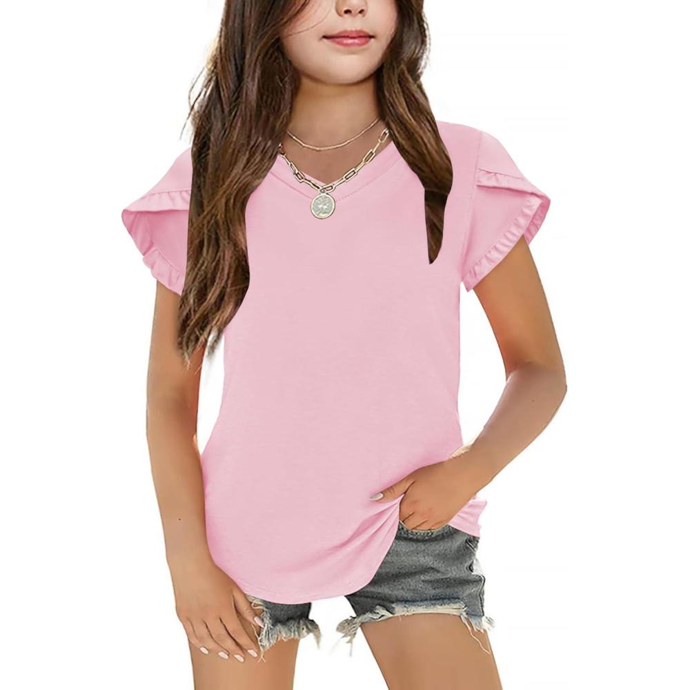 image:imageArshiner Girls T Shirts Double Layer Ruffle Short Sleeve Casual V Neck Kids Summer Tops Blouse TeePink