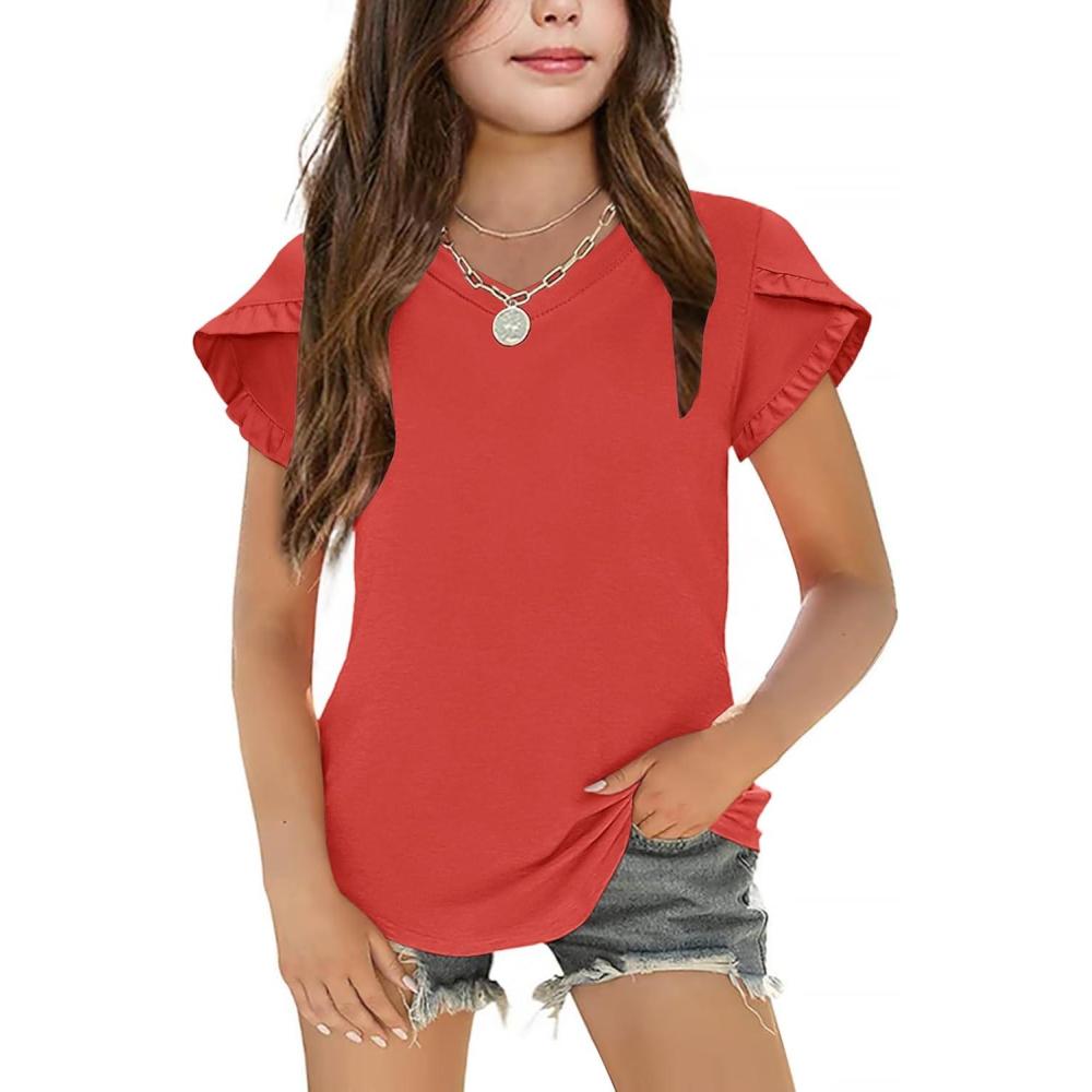 image:imageArshiner Girls T Shirts Double Layer Ruffle Short Sleeve Casual V Neck Kids Summer Tops Blouse TeeRed