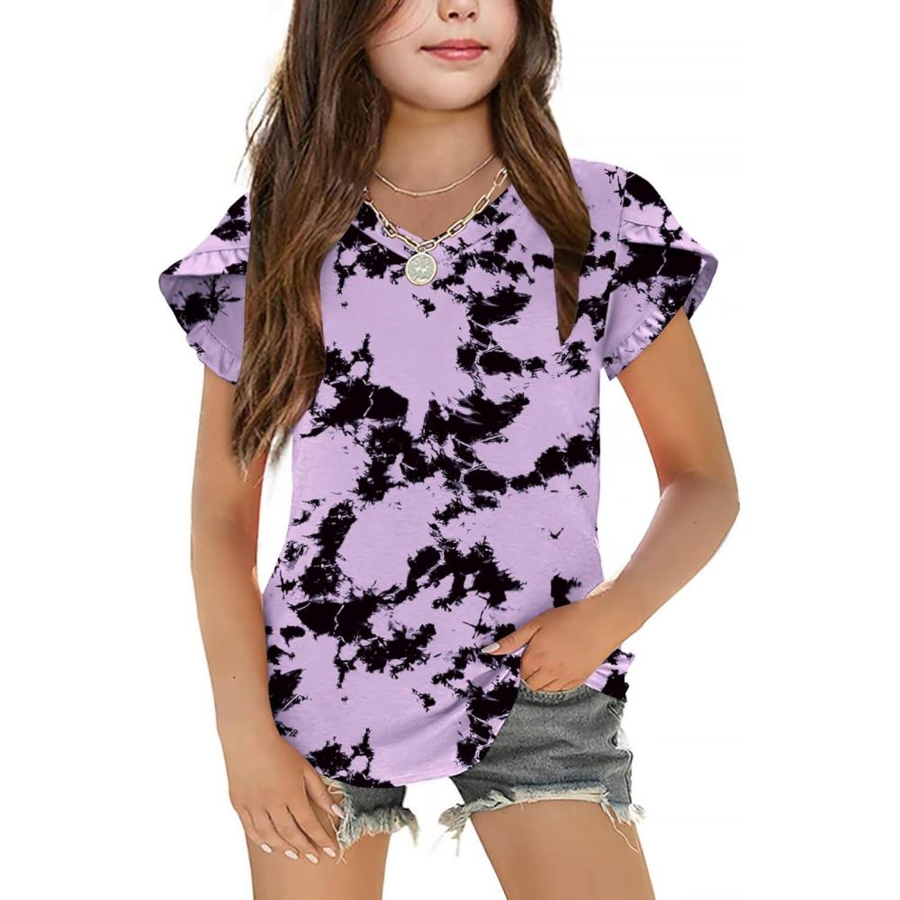 image:imageArshiner Girls T Shirts Double Layer Ruffle Short Sleeve Casual V Neck Kids Summer Tops Blouse TeeTie Dye BlackLilac