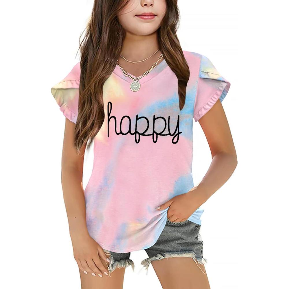 image:imageArshiner Girls T Shirts Double Layer Ruffle Short Sleeve Casual V Neck Kids Summer Tops Blouse TeeTie Dye Happy