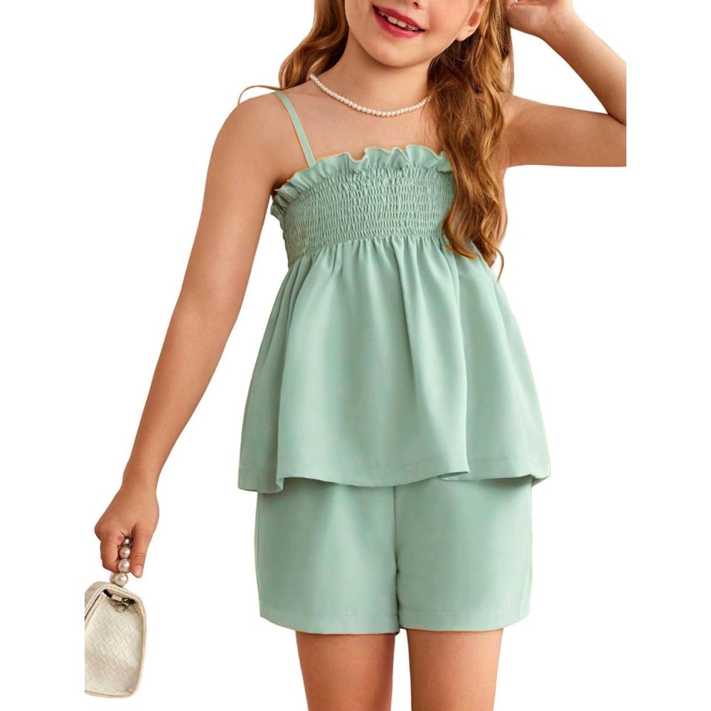image:imageArshiner Toddler Baby Girls Summer Clothes 2 Piece Outfits Ruffle Hem Camisole amp Shorts Set with Pockets Cute Tracksuit 28YLight Green