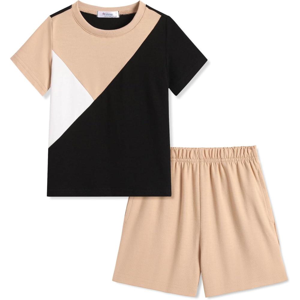 image:imageArshiner Toddler Boy Summer Clothes Outfits Kids Colorblock Short Sleeve Tshirt Shorts Set 27 YearsKhaki
