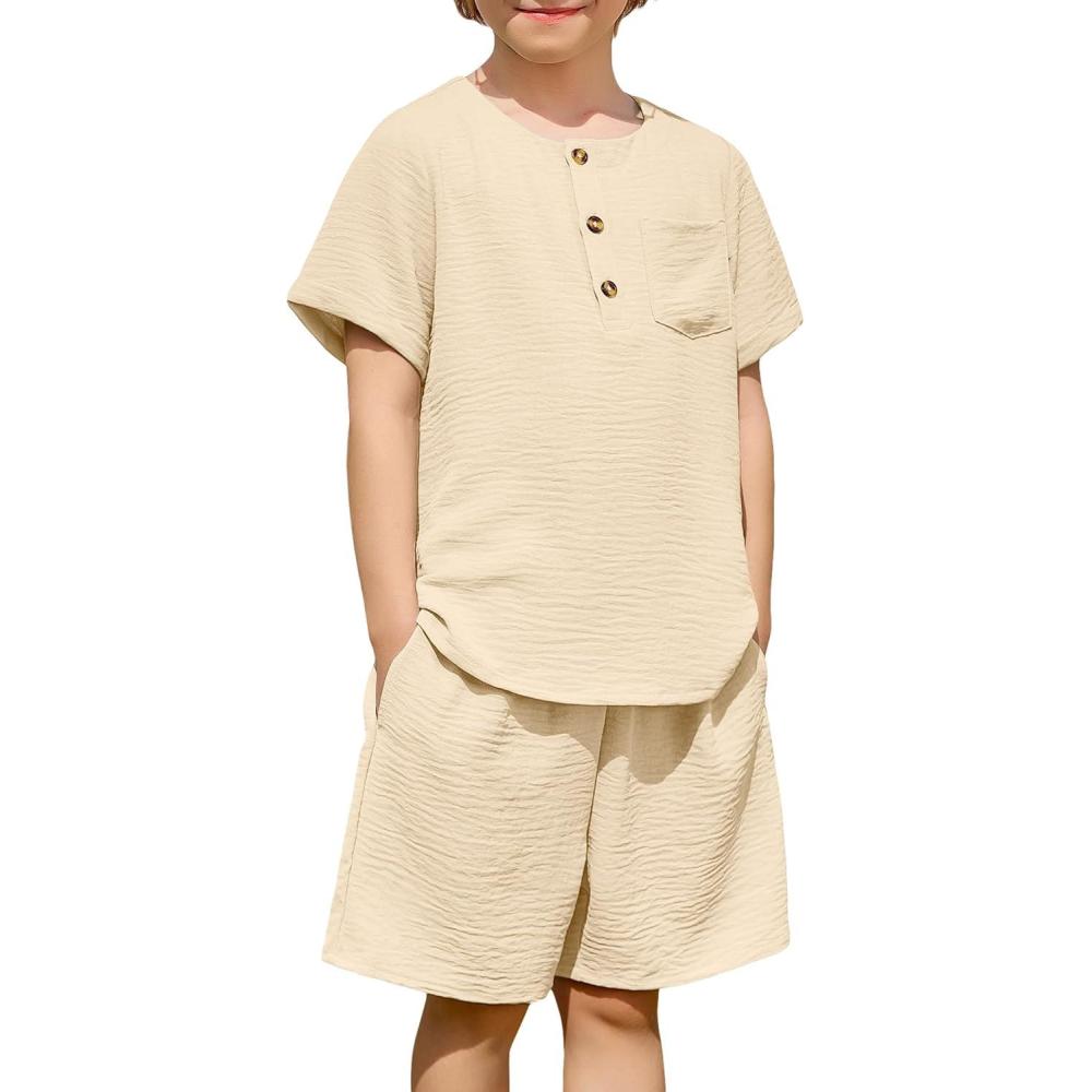 image:imageArshiner Toddler Boy Summer Outfits Short Sleeve Henley TShirt amp Shorts Set with Pocket for 28 Years KidsLight Khaki
