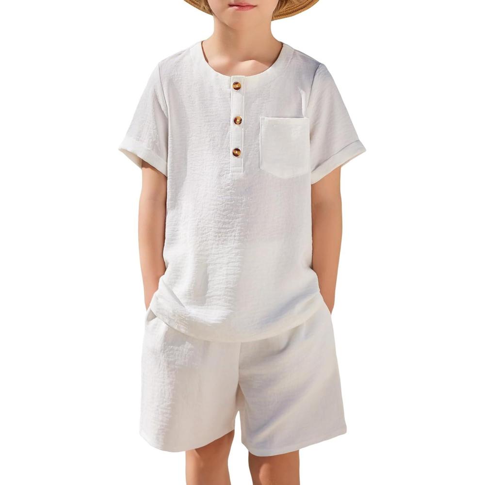 image:imageArshiner Toddler Boy Summer Outfits Short Sleeve Henley TShirt amp Shorts Set with Pocket for 28 Years KidsWhite