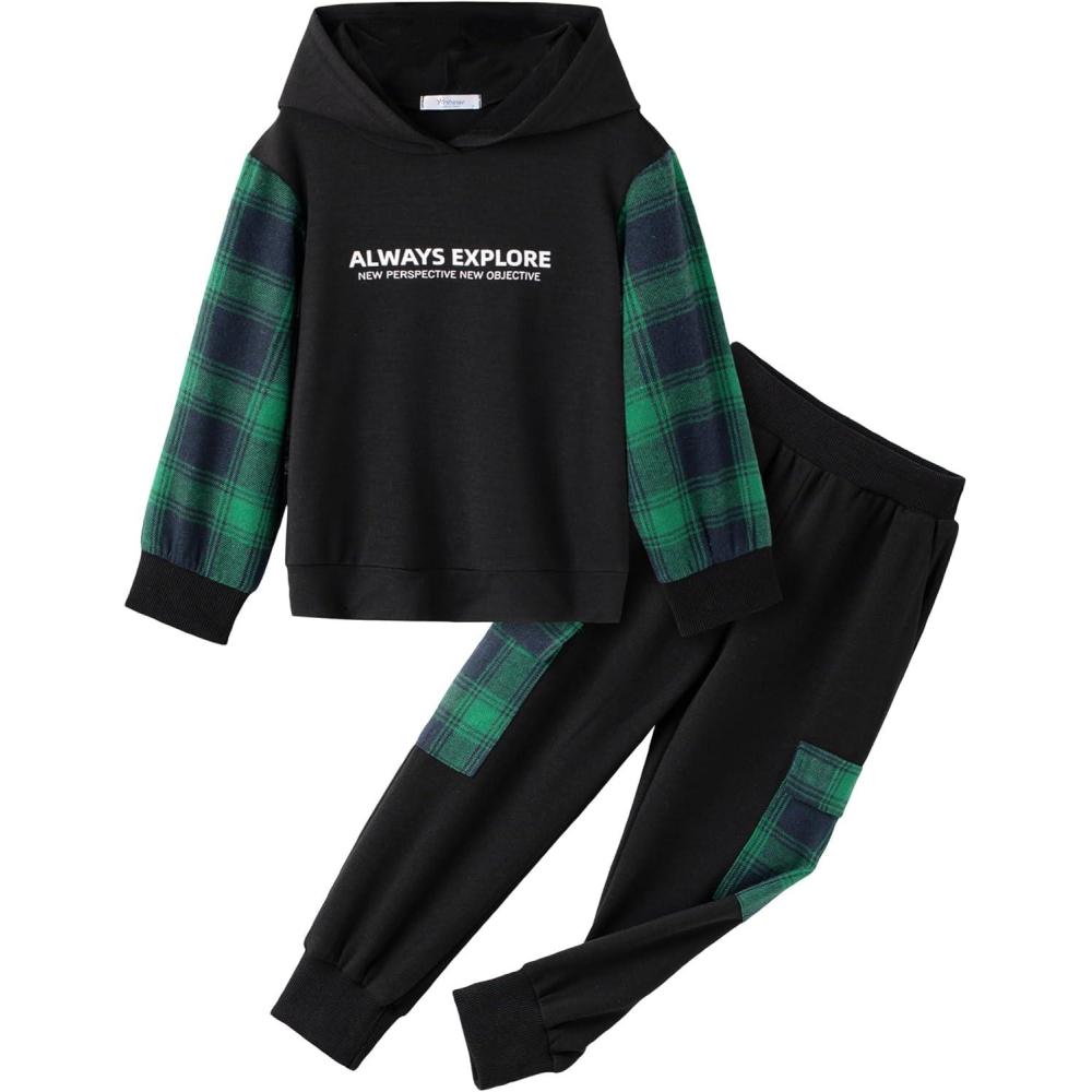 image:imageArshiner Toddler Boys Plaid Shirt Tops Pants Set Hoodie Sweatsuit for Fall Winter Spring Outfits 28 YearsBlack Green Plaid