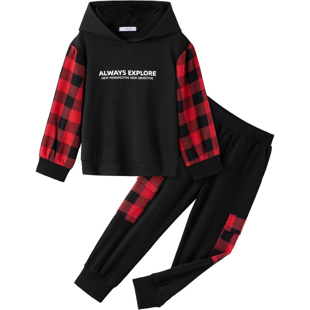 image:imageArshiner Toddler Boys Plaid Shirt Tops Pants Set Hoodie Sweatsuit for Fall Winter Spring Outfits 28 YearsBlack Red Plaid