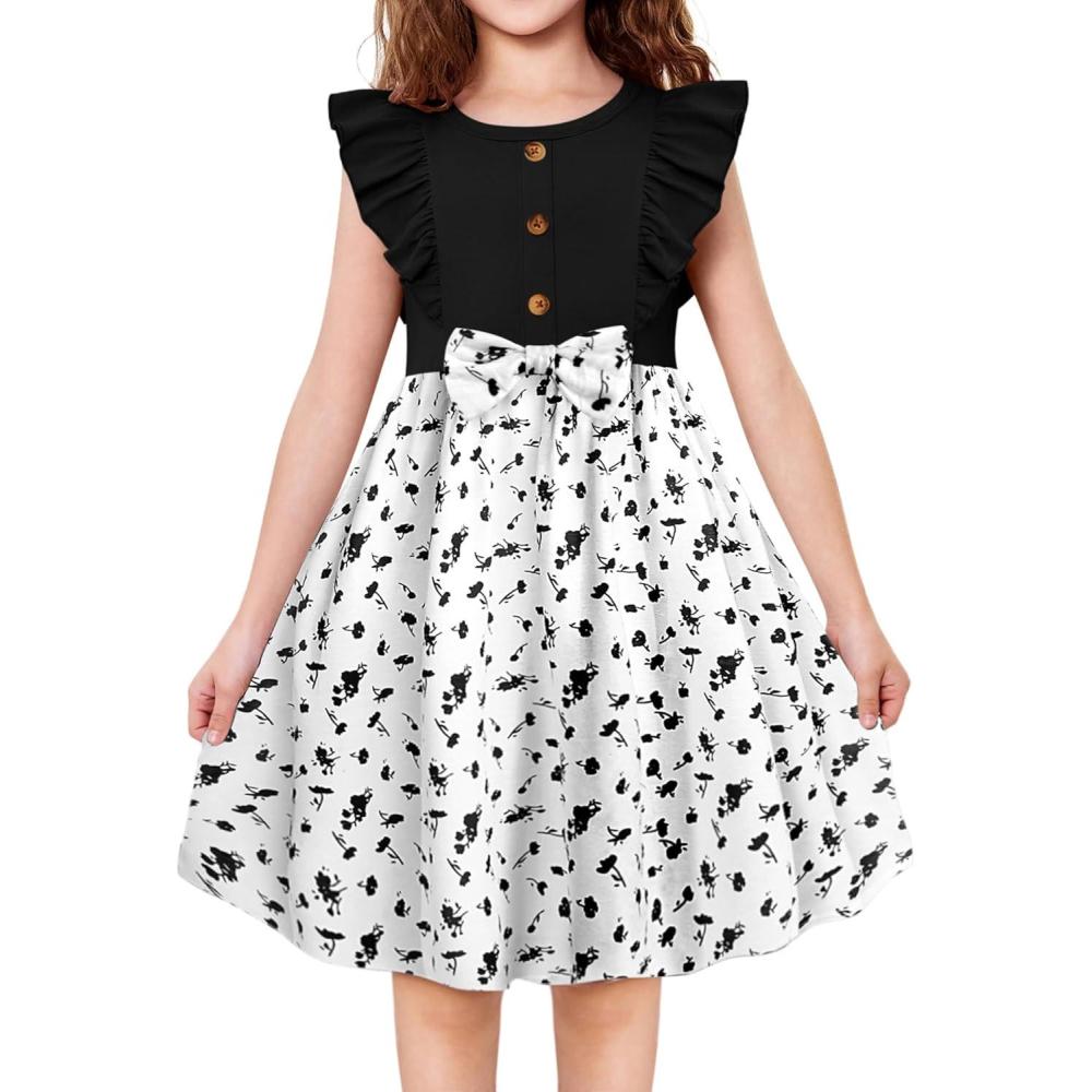 image:imageArshiner Toddler Dress Girls Ruffle Sleeve Summer Dresses Cute Bow Tie Botton Down Party Sundress for 27 YearsBlack Cow
