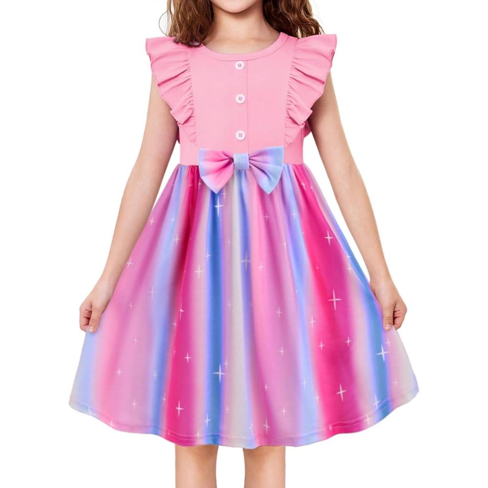 image:imageArshiner Toddler Dress Girls Ruffle Sleeve Summer Dresses Cute Bow Tie Botton Down Party Sundress for 27 YearsPinkrainbow