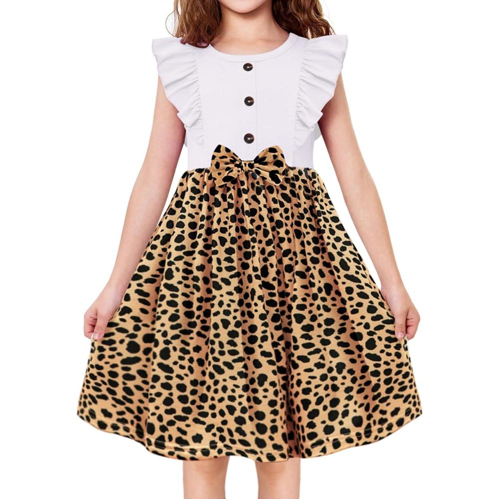 image:imageArshiner Toddler Dress Girls Ruffle Sleeve Summer Dresses Cute Bow Tie Botton Down Party Sundress for 27 YearsWhite Leopard