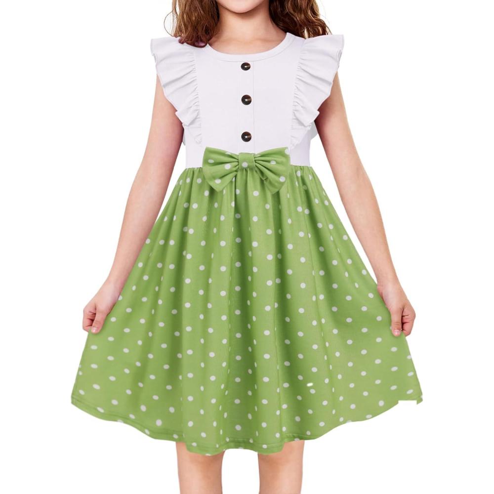 image:imageArshiner Toddler Dress Girls Ruffle Sleeve Summer Dresses Cute Bow Tie Botton Down Party Sundress for 27 YearsWhitegreen