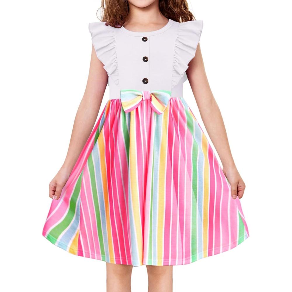 image:imageArshiner Toddler Dress Girls Ruffle Sleeve Summer Dresses Cute Bow Tie Botton Down Party Sundress for 27 YearsWhiterainbow
