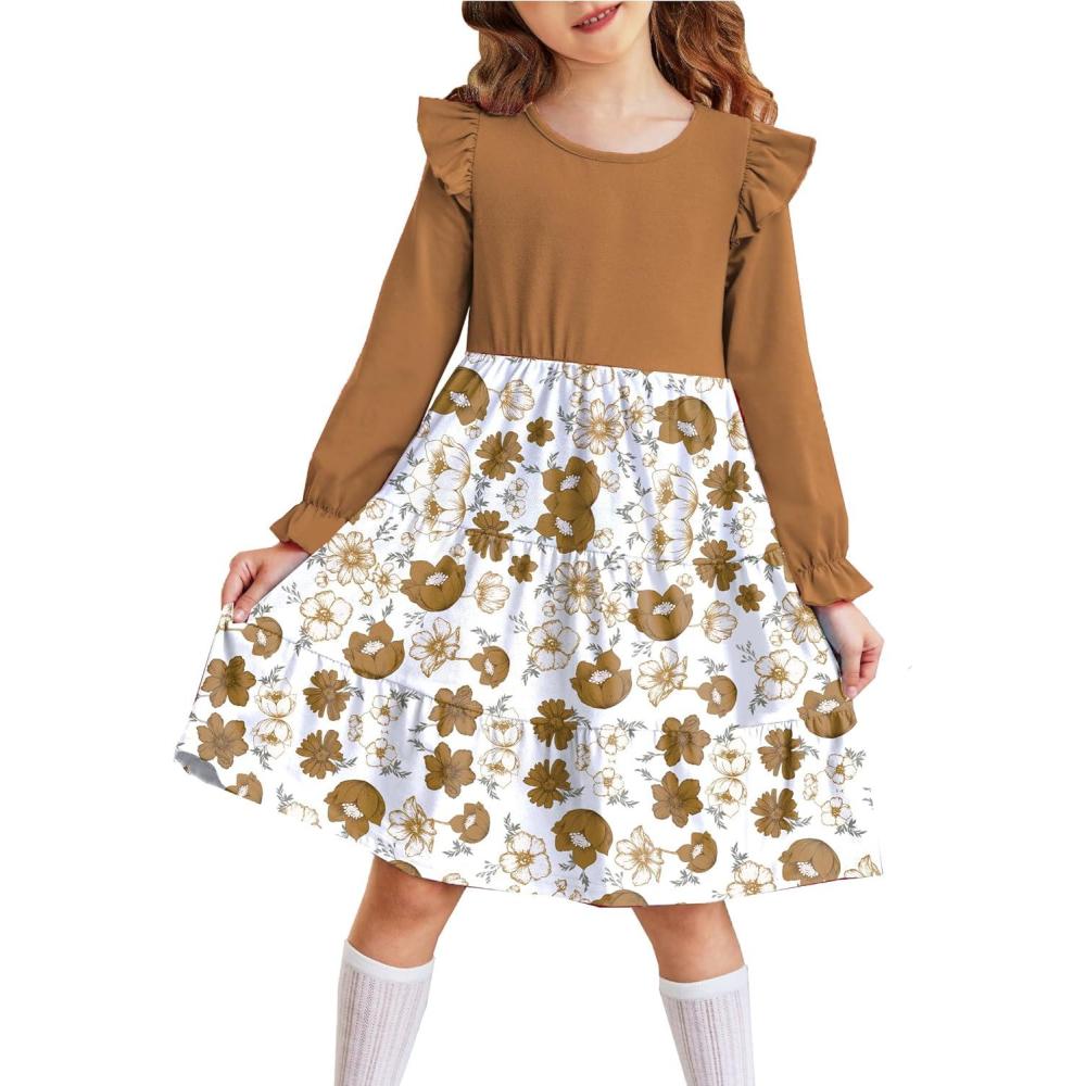 image:imageArshiner Toddler Girls Dress Ruffle Long Sleeve Casual Tiered Swing Dresses with PocketsBrown Flower 1