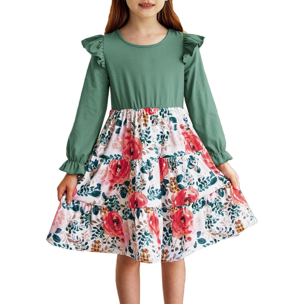 image:imageArshiner Toddler Girls Dress Ruffle Long Sleeve Casual Tiered Swing Dresses with PocketsGreen Flower 1